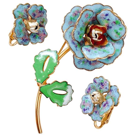 VTG Mid Century Enamel Flower Brooch, Clip Earrings Set Gold Tone 1950s Jewelry - Picture 1 of 11